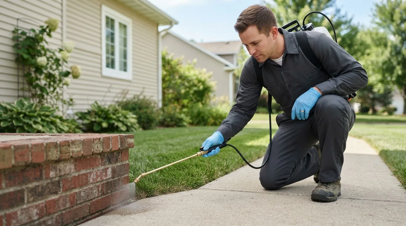 Pest control technician treating a home near East Wakefield, NH