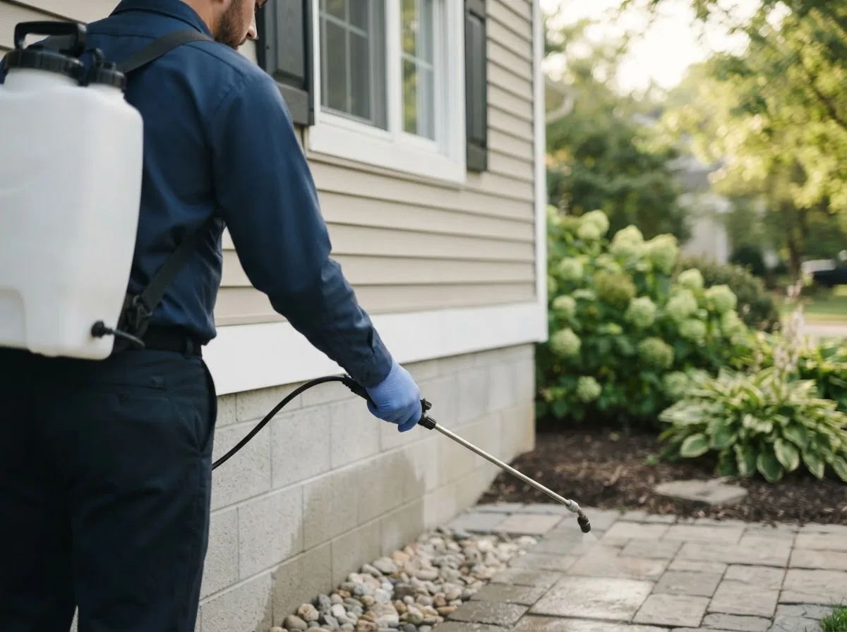 Pest control technician inspecting a home in East Wakefield, NH